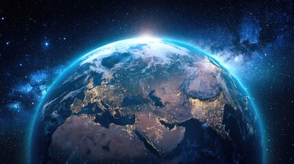 Fototapeta premium The Earth, a blue planet with a glowing blue atmosphere and a white light at its center, surrounded by a starry sky.