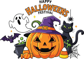 Happy Halloween festival with pumpkin, cat and cute ghost