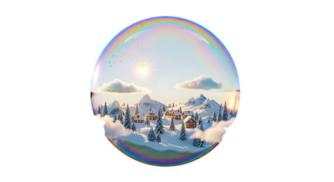 A serene winter village nestled among snowcovered mountains and fluffy clouds, all encapsulated within a delicate soap bubble, creating a whimsical scene isolated on transparent background - Powered by Adobe