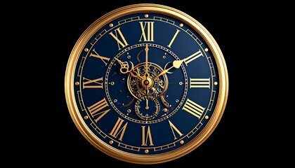 A detailed, ornate antique clock with Roman numerals and gold accents stands out against a black backdrop.