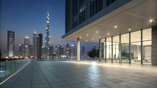 perspective view of empty floor with modern building - Powered by Adobe