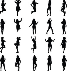 Black silhouette people in motion, jumping, running, dancing, expressive poses, human body movement illustration set, action, energy, lifestyle design