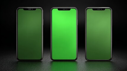 Three smartphones with green screens on a dark background
