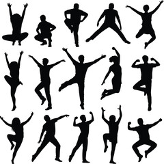 Black silhouette people in motion, jumping, running, stretching, expressive poses, human body movement illustration set, action, energy, lifestyle design