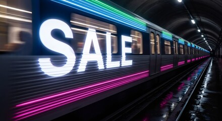 Obraz premium Neon sale sign on moving subway train in dark tunnel. Colorful light trails. Urban marketing concept. Night city retail promotion. Underground transport advertisement.