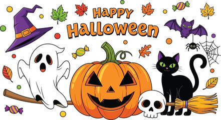 Happy Halloween cartoon featuring a ghost, pumpkin, and cat