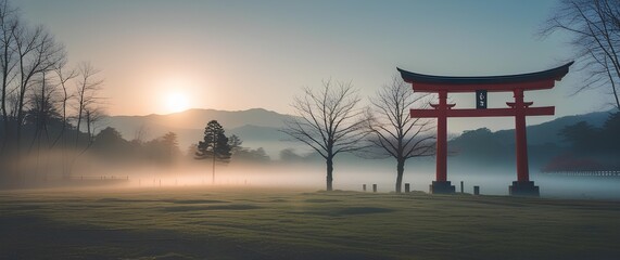 A serene early morning scene featuring a traditional Japanese Torii gate