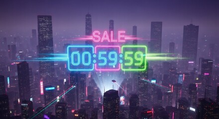 Futuristic cityscape with neon sale countdown timer. Urban skyline at night with glowing digital clock. Cyberpunk metropolis marketing concept for online shopping event.