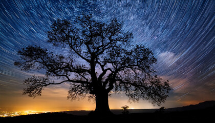 Silhouetted Tree Against Starry Night Sky With Branches Spreading Widely
