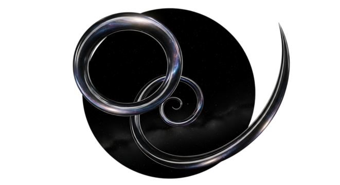 An abstract composition featuring a swirling galaxy and metallic rings against a dark background, isolated on transparent background, creating a sense of mystery and cosmic elegance, inviting viewers 