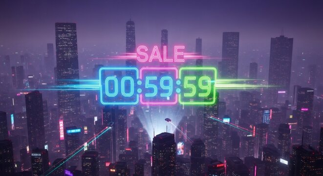 Futuristic cityscape with neon sale countdown timer. Urban skyline at night with glowing digital clock. Cyberpunk metropolis marketing concept for online shopping event.