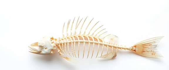 A single, bleached fish skeleton isolated on white,   ocean,  bone