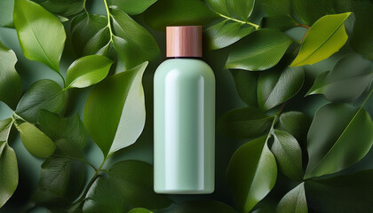 Natural Skincare Product Bottle Among Green Leaves