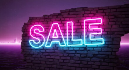 Neon sale sign on brick wall with purple background. Retro style electric advertisement. Discount promotion concept for retail store, shop, or e-commerce business