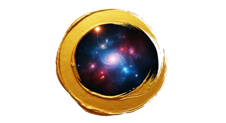 A captivating image showcasing a mesmerizing galaxy nestled within a golden circle, isolated on transparent background, evoking a sense of wonder and cosmic beauty, inviting viewers to contemplate the