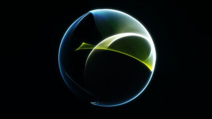 Abstract digital sphere with yellow and blue glowing neon lines creating futuristic energy design on dark background.