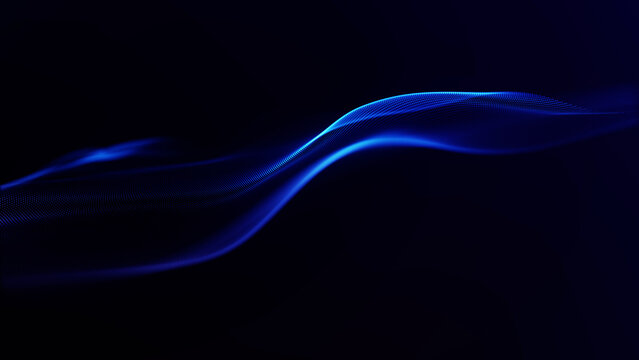 Futuristic glowing abstract blue neon wave made of digital particles on dark sci-fi background.