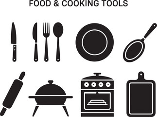 Collection of Silhouette Icons Representing Various Food and Cooking Tools