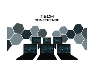 Tech Conference Invitation: Laptops Displaying Circuit Boards with Geometric Design, Perfect for Technology Summit Announcements and Digital Innovation Seminars, Events and Workshops