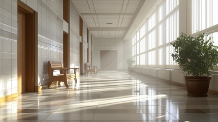 Sunlit Hallway with Wooden Benches and Potted Plants, Serene and Bright Interior