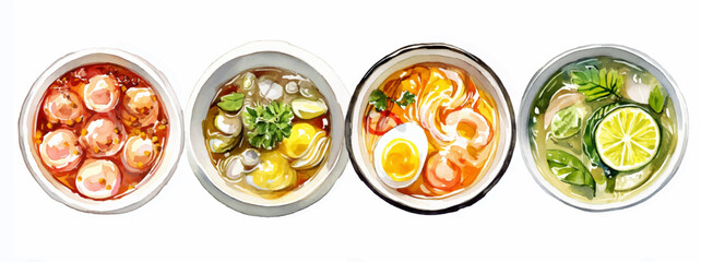 Vector illustration, set of Thai Tom Yum, watercolor painting, banner.