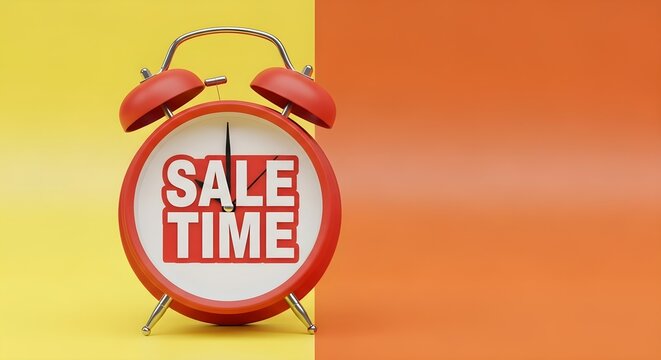 A red alarm clock with the words 'SALE TIME' on its face stands against a yellow and orange background, symbolizing a promotional event.