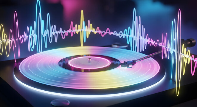 Vibrant music equalizer visualizing sound waves from a spinning vinyl record in a neon-lit environment - Powered by Adobe