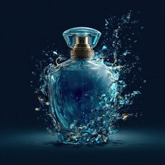Elegant Blue Perfume Bottle with Splash and Spotlight Effect