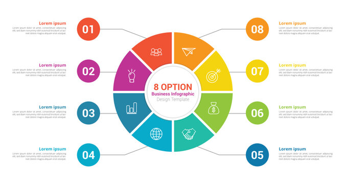 Infographic circular template with 8 options, parts. 8-step cycle diagram for business, presentations infographics, process chart, vector banner for presentation, report, brochure, web, data visualiza