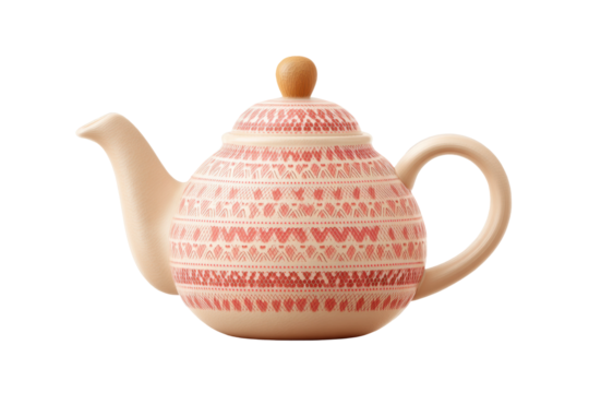 Colorful patterned ceramic teapot with wooden knob on white background, cut out