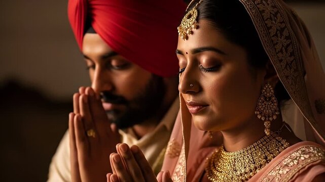 Couple in Traditional Attire in Prayerful Pose with Hands Clasped Indoors with Warm Lighting