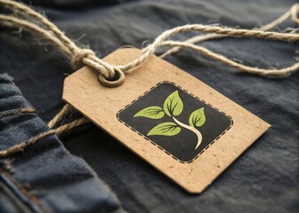 Eco friendly natural cork tag with green seedling illustration tied with twine on dark fabric