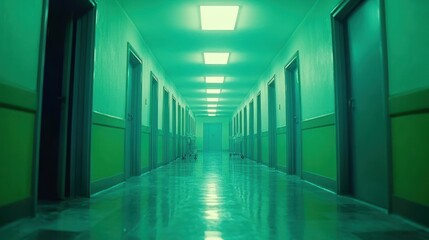 Eerie Green Hospital Hallway: Endless Doors and Sterile Lighting, Perspective View