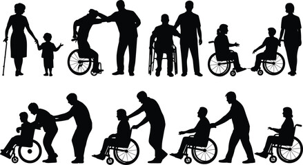 Black silhouette people with wheelchairs and canes, caregiving, assistance, accessibility, inclusive design, disability awareness, family support, human connection illustration