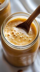 a frothy beverage in a mason jar