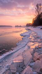 Sun-kissed ice shards on a frozen shoreline with soft pastels of sunrise.