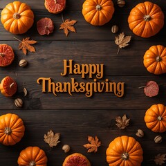 Festive thanksgiving greeting with pumpkins and autumn leaves on rustic wood