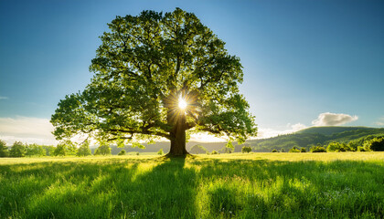 Sunlight Shining Through A Large Tree In A Grassy Field Landscape