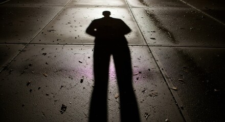 Mysterious shadow of man on dark concrete floor. Eerie silhouette in night light. Creepy criminal or detective concept. Suspense thriller scene with copy space