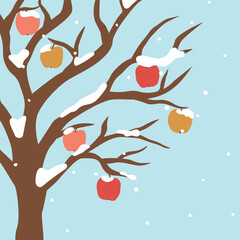 winter scenery, bare tree with apples covered with snow- vector illustration