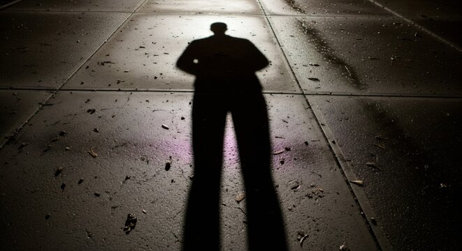 Mysterious shadow of man on dark concrete floor. Eerie silhouette in night light. Creepy criminal or detective concept. Suspense thriller scene with copy space - Powered by Adobe