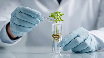 A scientist in a lab coat holding a test tube with a plant inside.