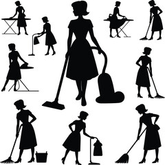 Obraz premium Black silhouette woman cleaning house, vacuuming, sweeping, mopping, ironing, dusting, washing, domestic chores, housekeeping, hygiene, home service illustration