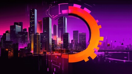 Futuristic Cityscape with Gear: Neon Lights and Cyberpunk Aesthetics