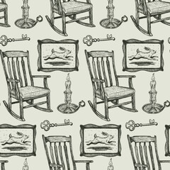 Southern gothic seamless pattern with vintage rocking chair, rabbit, key. Hand drawn macabre farmhouse sketch. Mystical country decor print for fabric or wallpaper. Dark academia interior background.