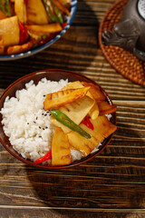 Bamboo Shoots with Asparagus and Rice Bowl - Asian Vegetable Dish on Wooden Background