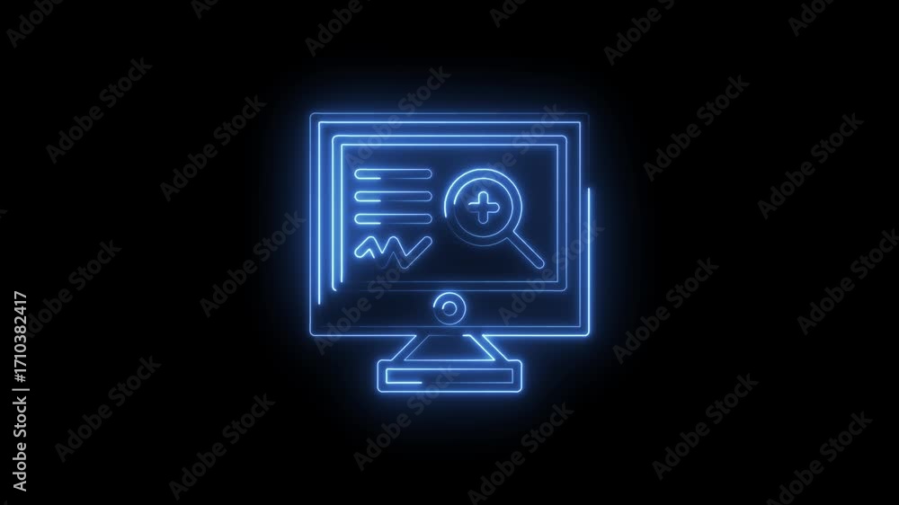 Aufkleber computer screen displaying data analysis with magnifying glass neon effect on black background