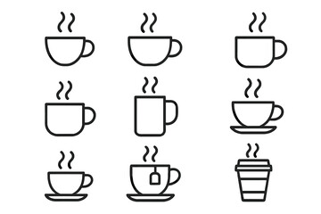 Coffee and tea cup thin line icon set. Hot drink and beverage outline symbols collection. Vector pictogram with editable stroke for cafe menu, web design, and mobile app.