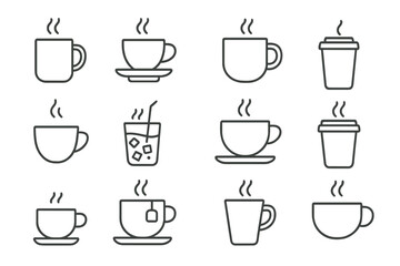 Coffee and tea cup line icon set. Vector hot and cold drink symbols. Mug, espresso, latte, takeaway cup outline graphics for cafe menu. Editable stroke illustrations.