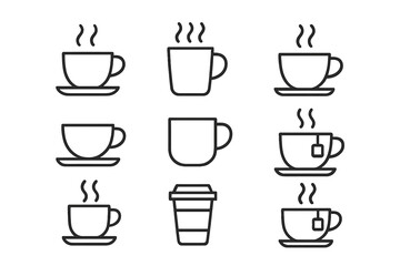 Coffee or tea cup line icon set. Hot beverage outline pictograms. Simple isolated vector collection with mug, steam, saucer, teabag and takeaway cup for cafe menu or app.